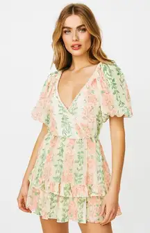 VICI Floral Print Ruffle Mini Dress Womens Medium White Pink Green Short Sleeve