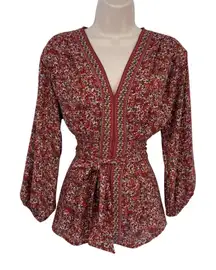Max Studio Top Womens Small Red Floral Country Print Polyester Belt Hippie Boho