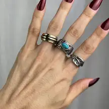 3 Boho Rings Set Silver Leaves Gold Black Stripes Turquoise Howlite 5.5, 6, 6.5