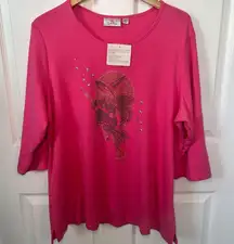 Quacker Factory Pink Embellished‎ Witch Halloween 3/4 Sleeve Top Rhinestone 2X