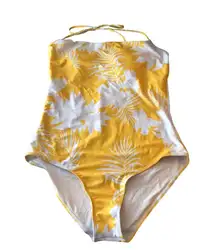 Romwe One Piece Swimsuit Halter Shelf Bra Removable Cups Floral Yellow White L