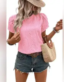 ELDINA Women's 2024 Summer Casual Short Sleeve Blouse Embroidery Petal Sleeve L