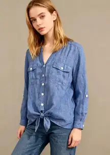 NWOT John Mark Linen Long Roll-Tab Sleeve Shirt Tunic Blouse Top Size PL Blue