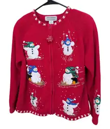 Tiara International Christmas Collection 2004 Red Snowman Sweater Cardigan M
