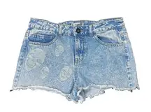 Love, Fire Distressed Skull-Print Cut-Off Denim Shorts