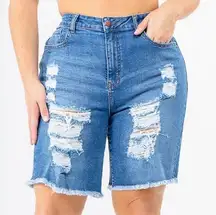 American Bazi Distressed High-Waist Denim Bermuda Shorts, medium wash. Size 2X