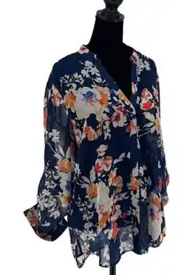 KUT From The Kloth Womens Floral‎ Sheer Tunic Blouse Navy Multicolor Size Medium