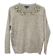 J. Crew‎ Embellished Sweater Crewneck Pullover Gray Jewel Neck Size Small