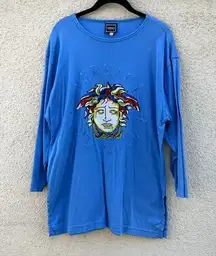 Vintage Versace Jeans Couture Embroidered Medusa Tunic Tee Blue XS