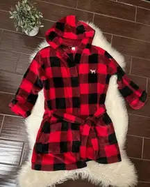 Victoria's Secret Pink Bling Plaid Fleece Hooded Robe Red/Black/Silver Sz XS/SM