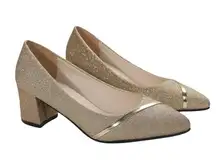 Gold Glittery Pumps Block Heel Metal Stripe Closed Round Toe New Size 9.5