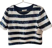 Sandro Paris Sequin Striped Crop Top Short Sleeve Party Sparkle Size Small‎