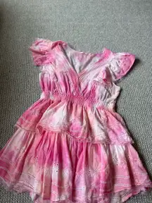 pink and yellow tie die v neck ruffle dress 