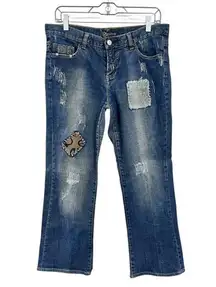 Bebe Vintage Y2K Patchwork Embroidered Bling Denim Blue Jeans Size 31 Bootcut