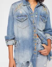 Free People Moonchild Embroidered Distressed Shirt Jean Jacket