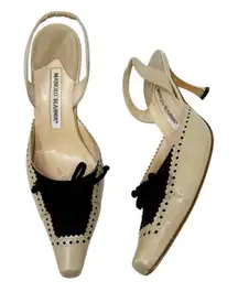 Manolo Blahnik Vintage Two Tone Brogue Slingback Kitten Heels 37.5