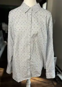 Talbots Button Up Shirt‎ Blue/White Stripe Embroidered Polka Dots Size Medium