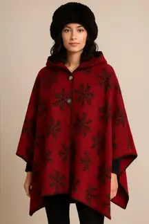 Vermont Country Store Red Black Hooded Poncho Cape XL/2X Made in USA Wool Blend