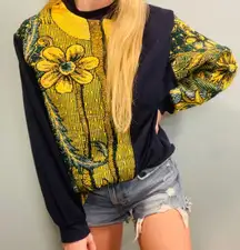 Tapestry blanket sweater Custom reworked floral navy tapestry sweater size large