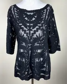 Laundry by Shelli Segal‎ Blouse Large Black Lace Brocade Over Mesh Scalloped Hem