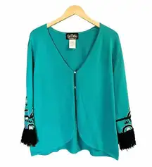 BOB MACKIE Wearable Art Open Cardigan Teal Green Long Sleeves Embroidered Fringe