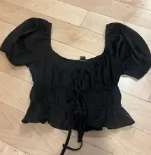 Black Tie Up Puff Sleeve Satin Shirt