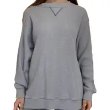 Aerie Waffle Thermal Long Sleeve Knit Pullover Crew Neck Oversized Blue Medium