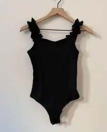 Black ribbed knit ruffle sleeve tank bodysuit small cute coquette boho festival