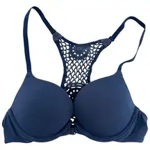 Victoria's Secret Push Up Bra Front Closure Crochet Racerback Underwire Blue 32B