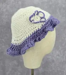 Vintage Y2K Crochet Festival Kawaii Purple White Knit Beanie Floral Funky‎ Hat