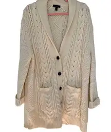 J.Crew  Cable Knit Cardigan Wool Sweater Cream Leather Buttons Long Sweaters