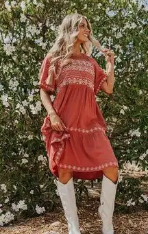 Tea N Rose Women's The Maya Embroidered Boho Tiered Dress in Burnt Orange - 2X