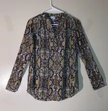 Python Snake Print Babydoll Tunic Long Sleeve V-Neck Blouse Women Size XS