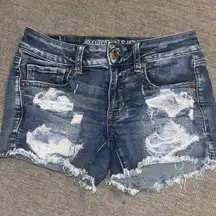 American Eagle distressed cut off blue denim midi shorts, size 2