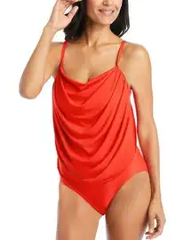 New Beyond Control Cowlneck Draped-Front One-Piece Swimsuit Size 8 Habanero