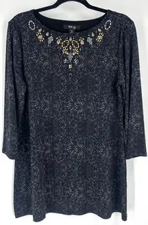 NWT Style Co Black Snake Print Embellished Beaded Top Size L Stretch Glam Party
