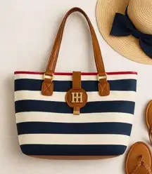Tommy Hilfiger Striped Canvas Tote Bag Leather Trim Nautical Preppy Coastal Chic