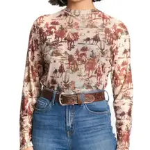 Turquoise Haven Women's Cowboys & Horses Fine Mesh Top -Sz Small - EUC