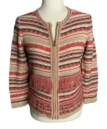 Carlisle Full Zip Cardigan Sweater S Beige Black Pink Knit Stripe Fringe