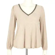 Lauren Ralph Lauren Black Label Top Womens L Beige‎ Long Sleeve V-Neck Blouse
