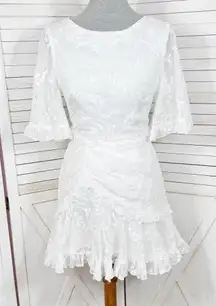 Selfie Leslie Leona Embroidered Chiffon Frill Trim Mini Dress White Small