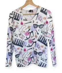 Tricotto Lipstick Pearls Heels AOP V-Neck Sweater Women's size Small Feminine