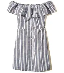 Off Shoulder Ruffle Linen Blend Striped Mini Dress