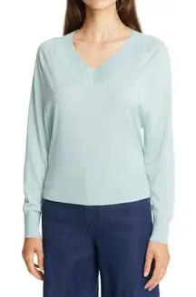 Theory Women's Deep V Neck Rib‎ Wool Sweater Stretch Long Sleeve Mint Size M