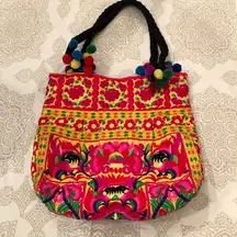 Bright Embroidered tote bag w/pompoms