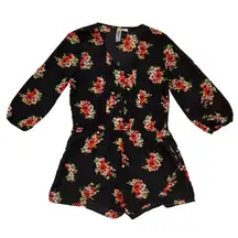 black floral button up elastic waist romper juniors size small