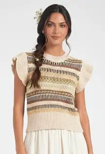 Elan Striped Knit Flutter Sleeve Sweater Top Womens S Neutral Boho Cottagecore