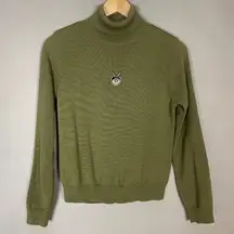 Wool Sweater Rabbit Patch‎ Quirky Green Turtleneck Long Sleeve Bunny Pullover