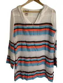Lemlem Thin Ivory Pull-over Hoodie with Colorful Stripes Size Medium