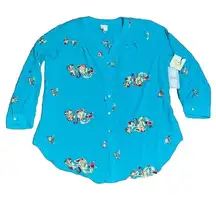 Fig & Flower Embroidered Floral Paisley Roll-Tab Tunic Blouse Turquoise Teal 2X‎